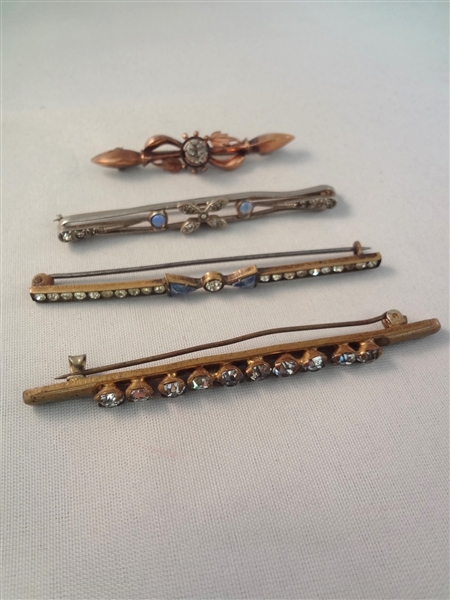 (4) Victorian Mourning Bar Brooches With Rhinestones