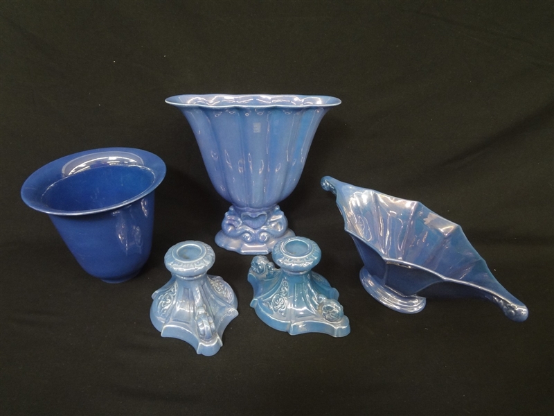 (4) Cowan Pottery Pieces: Candlesticks, vase, and bowls Blue Lustre
