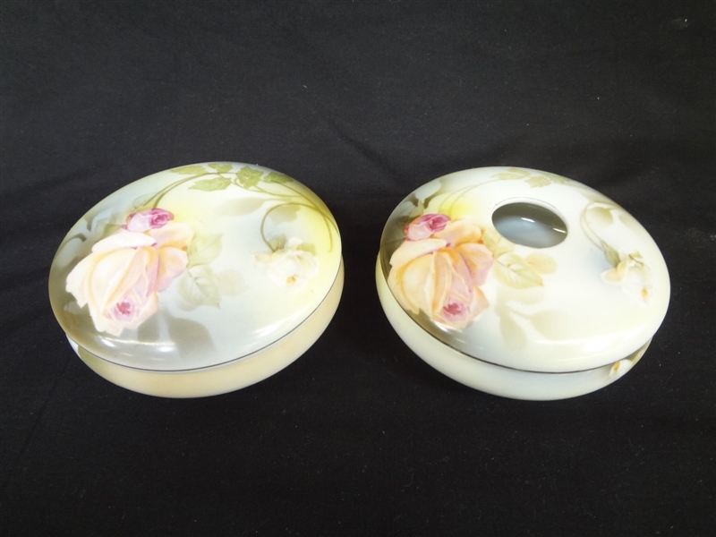 R.S. Germany Hair Receiver and Lidded Powder Hand Painted Roses