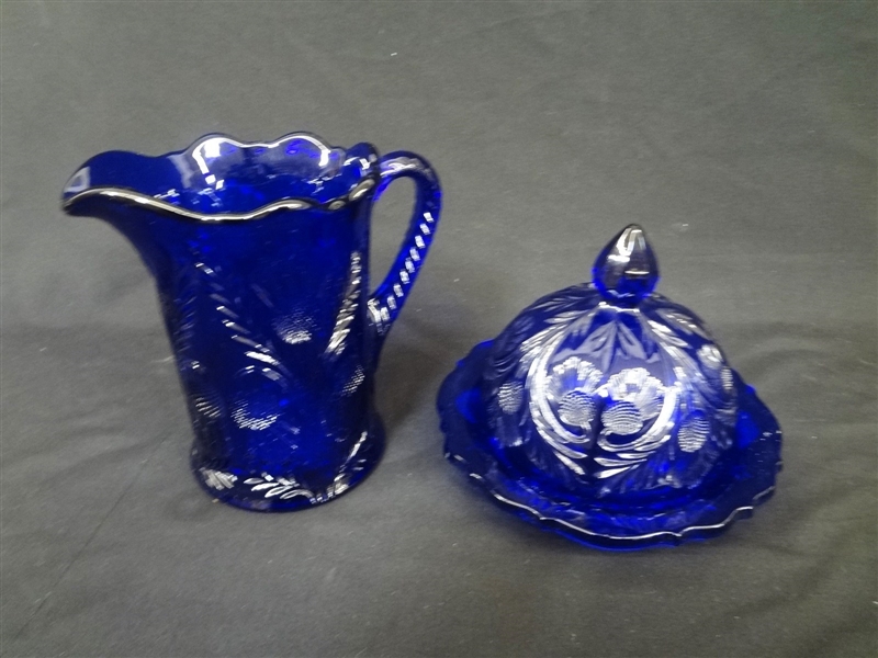 Mosser "Inverted Thistle" Pitcher and Domed Cheese Dish Cobalt Blue