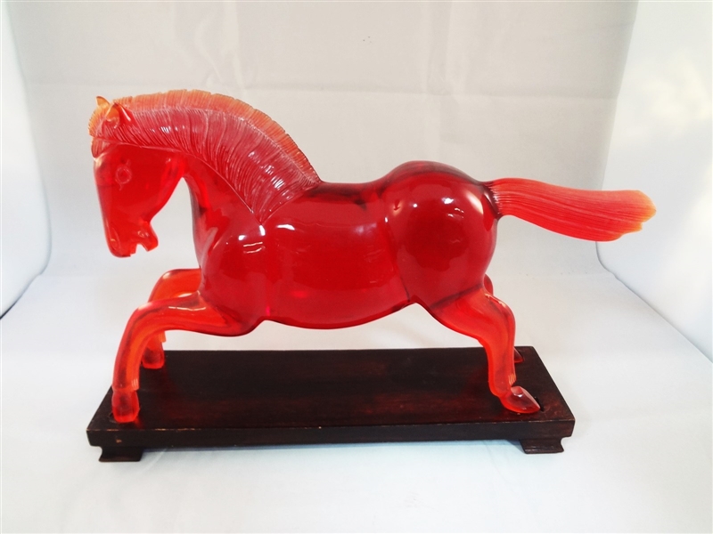 Carved Resin Red Horse Sculpture on Teak Stand