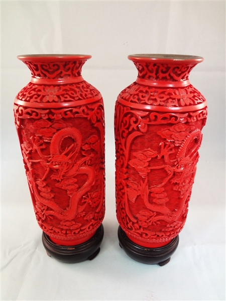 20th Century Pair Chinese Cinnabar Colored Carved Vases on Stands