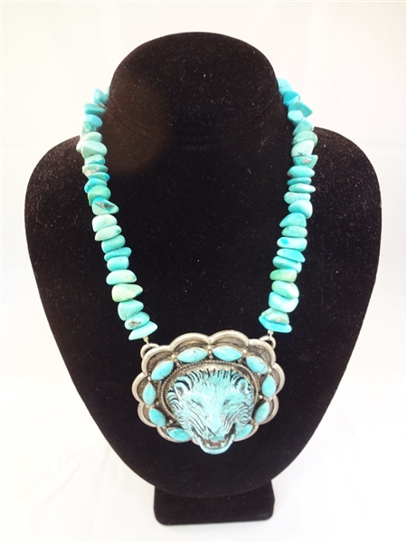 Massive Southwest Sterling Silver and Turquoise Bear Medallion and Necklace