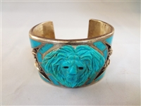 Southwest Sterling and Turquoise Cuff Bracelet Lion Carved Front Signed Stephen Keukor