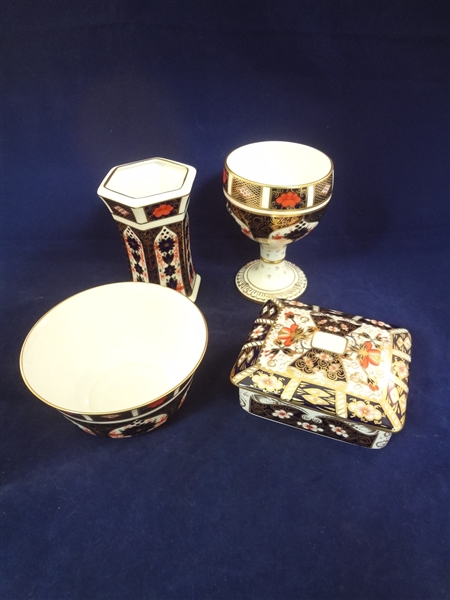 (4) Royal Crown Derby China Imari Pieces: Vase, Cup, Box, Bowl
