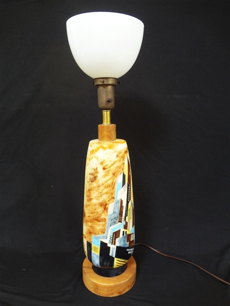 Mid Century Modern Cityscape Table Lamp Signed