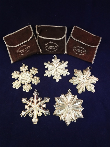Gorham Sterling Silver Christmas Ornaments 1973, 74, 76, 80, 93