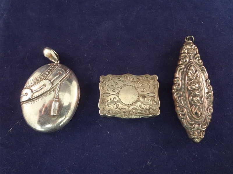Art Nouveau English Sterling Silver Pendants and Pill Box