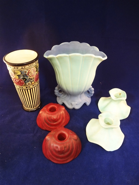 (4) Weller Pottery Pieces: Candlesticks, vases