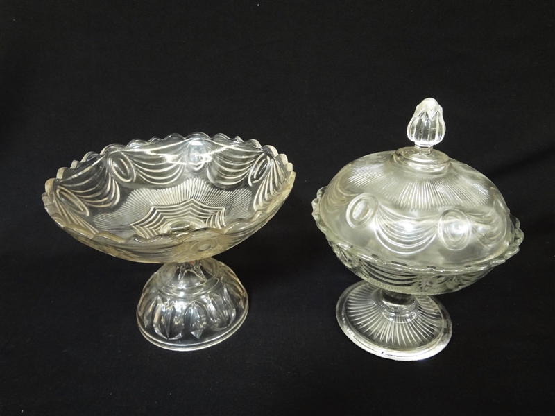 EAPG Lincoln Drape Glass Covered Compote and Footed Compote