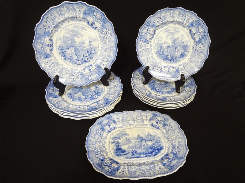 (13) Adams Delphi Blue Transferware Pearlware Dinner Plates 1830-1840