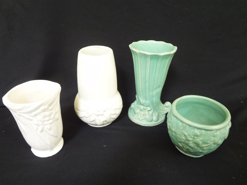 (4) Nelson McCoy Pottery Vases: 2 Matte White, and 2 Green