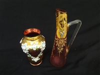 Bohemian Gilt Enamel Cranberry Glass Vase and Ewer