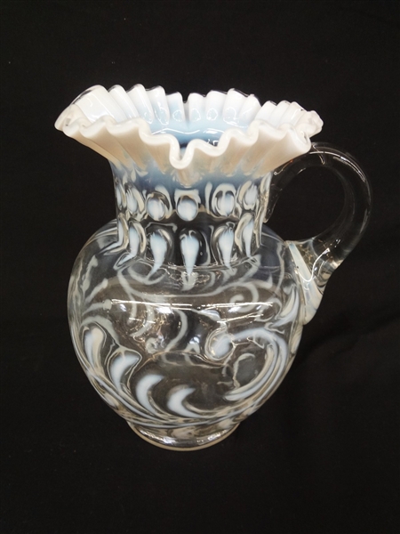 Large Fenton Glass Fern White Opalescent Ruffled Edge Water Pitcher