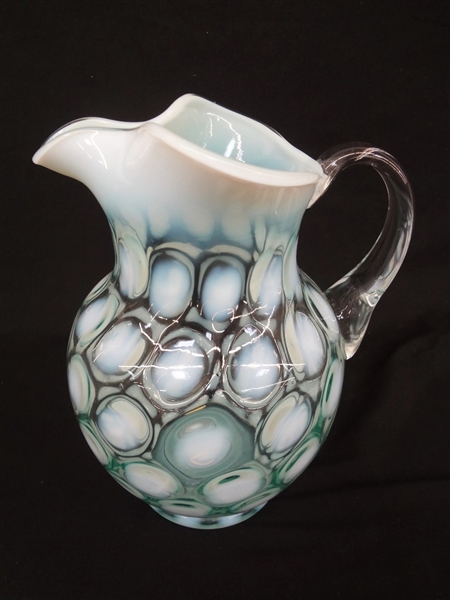 Large Fenton Coin Dot Green Opalescent Ruffled Edge Water Pitcher