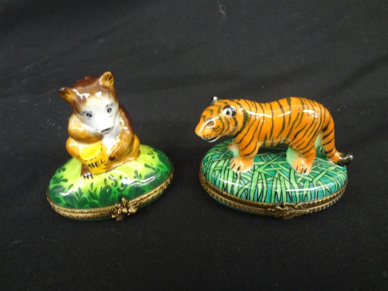 Limoges France Peint Main Trinket Boxes: Bear and Tiger