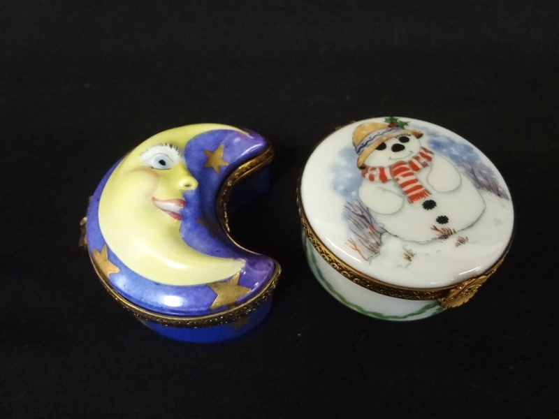 Limoges France Peint Main Trinket Boxes: Moon and Snowman