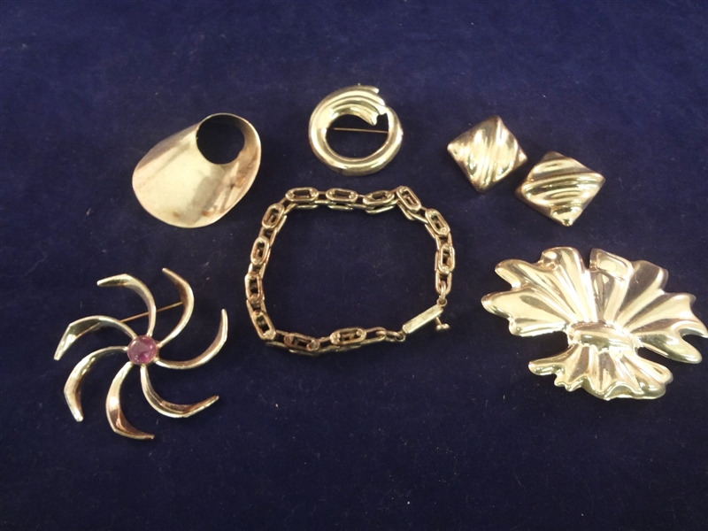 (6) Mexico Sterling Silver Jewelry Pieces: Earrings, Bracelet, Brooches