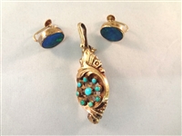 14k Gold Pendant and Opal Cabochon Earrings