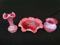 (3) Fenton Glass Swirl Cranberry Opalescent Pieces