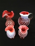 (4) Fenton Glass Opalescent Cranberry Hobnail Pieces