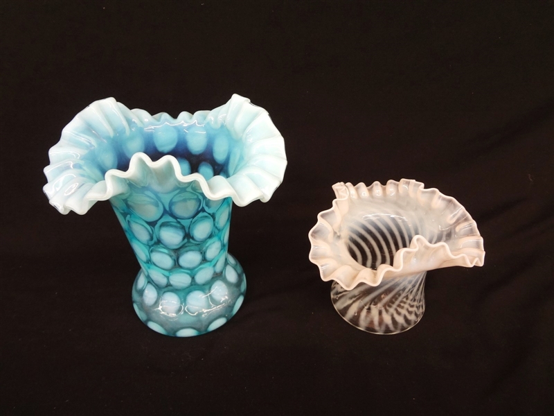 (2) Fenton Glass Opalescent Coin Dot and Swirl White and Blue Vases
