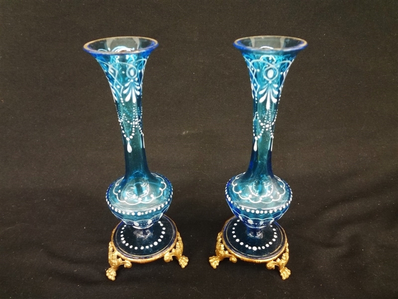 Pair Bohemian Enamel Czech Glass Vases on Brass Bases