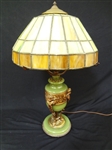 Jadeite, Brass and Slag Glass Table Lamp