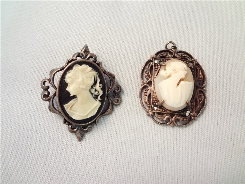 (2) Sterling Silver and Carved Cameo Brooch and Pendant