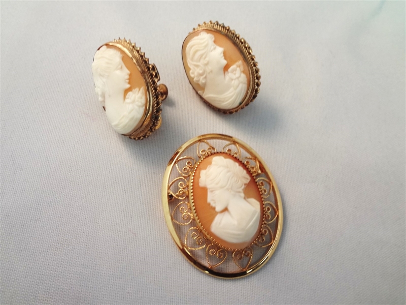 12k Gold Filled Victorian Cameo Brooch and Earring Set