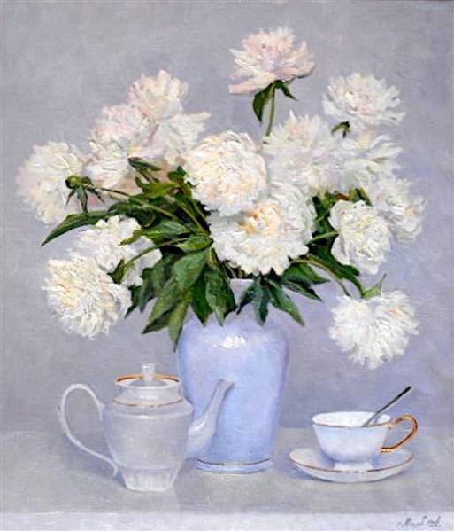 Andrei Mishov (Russian 1969) Oil On Canvas "White Peonies" 2010