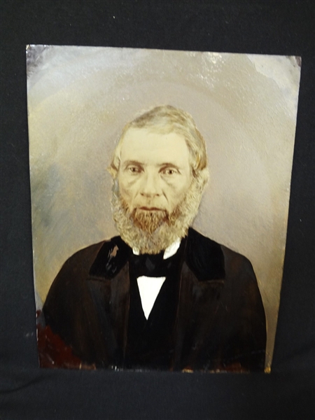 Embellished Hand Colored Full Plate Tin Type Portrait Male in Deep Well Frame