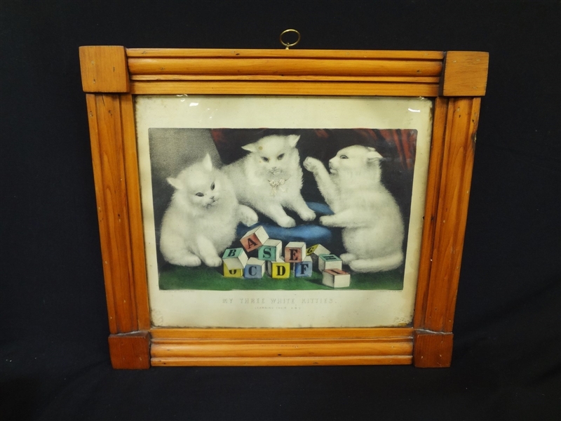 Currier and Ives Hand Colored Lithograph "My Three White Kittens" in Period Frame