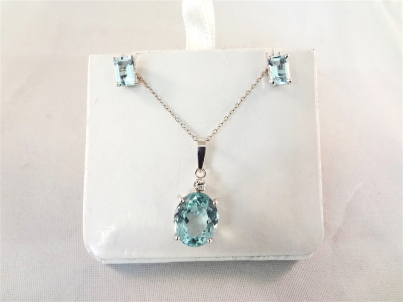 18k White Gold Diamond Aquamarine Necklace, Earring Suite