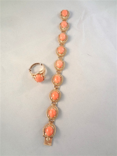 14k Gold Bracelet and Matching Ring with Coral Cabochons