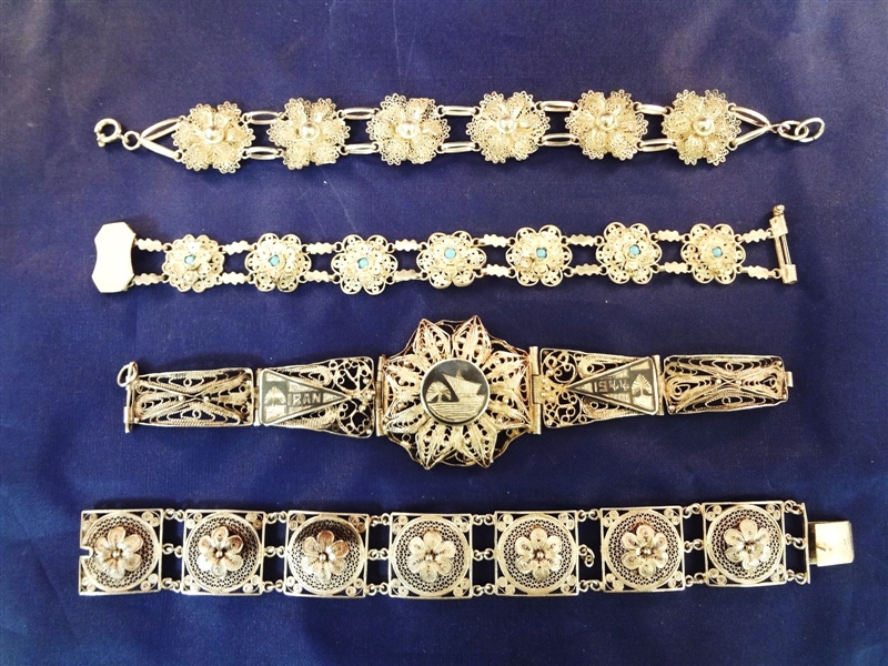 (4) High Filagree Sterling Silver Bracelets
