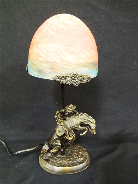 Frederic Remington Bronze Lamp "Bronco Buster" French Cased Shade