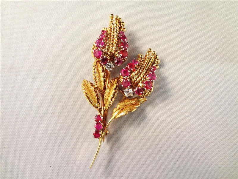 Stunning 18k Gold Diamond and Ruby Floral Brooch