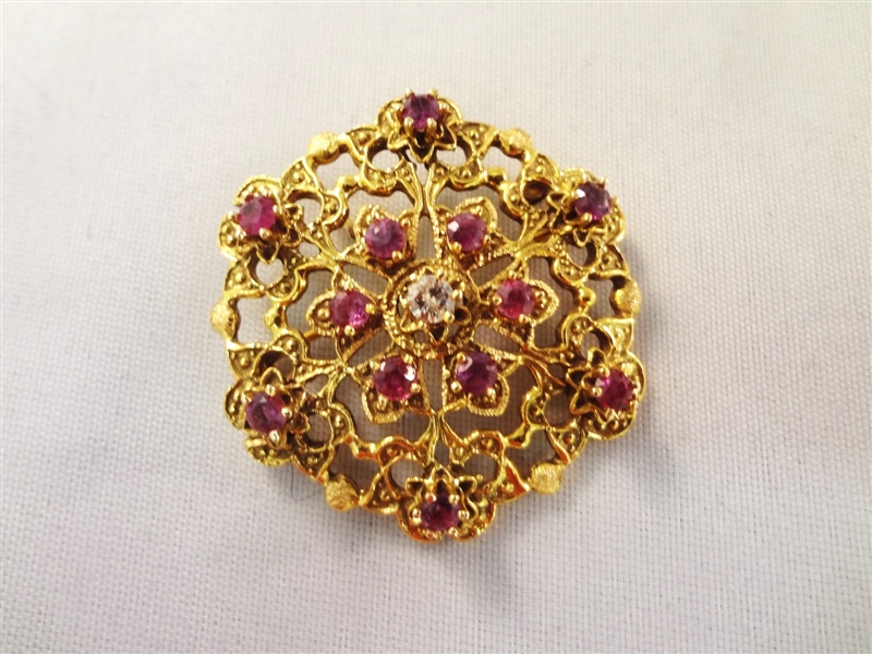 14k Gold Diamond, and Ruby Brooch