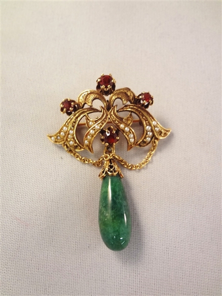 14k Gold Victorian Rubies, Malachite, and Seed Pearl Dangle Brooch