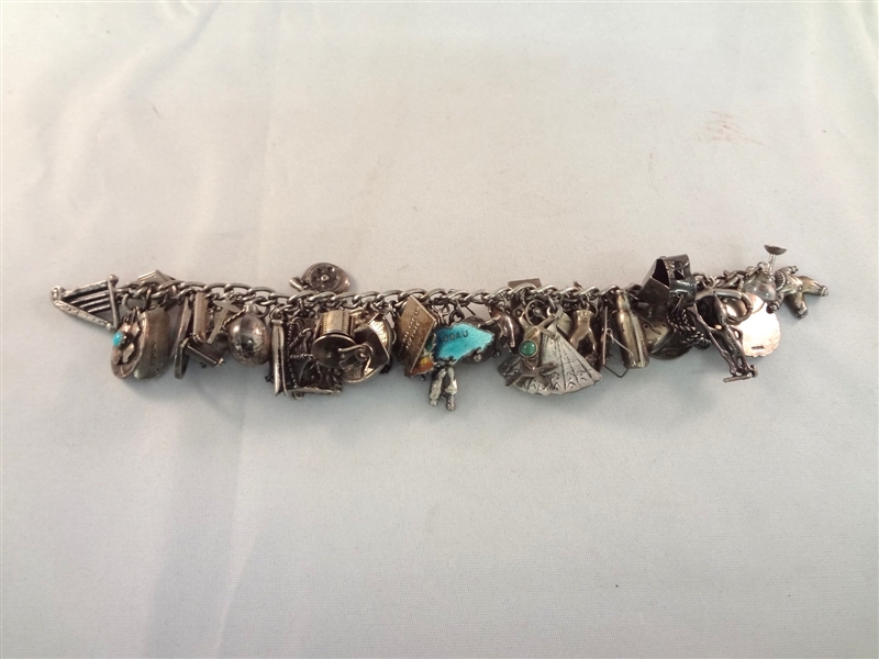 Large Sterling Silver Charm Bracelet with 50 Sterling Charms