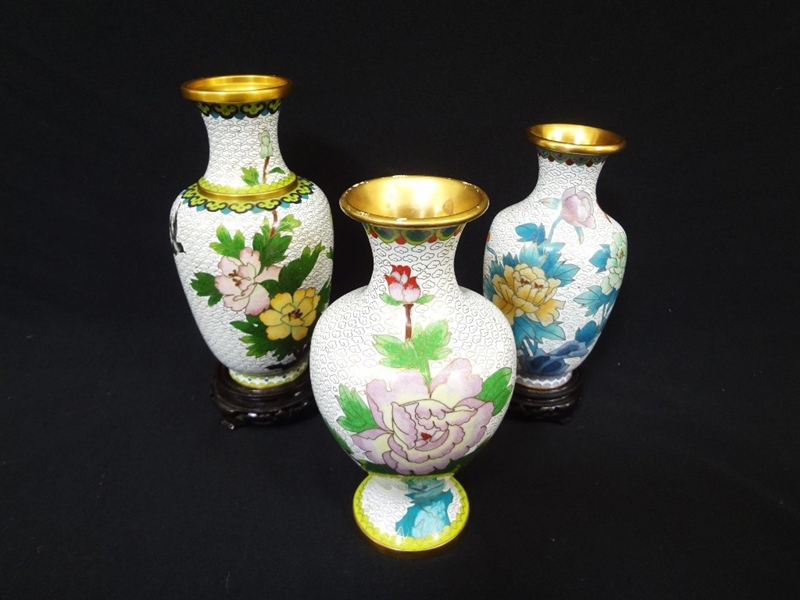 (3) Cloisonne Vases White Scale Decoration