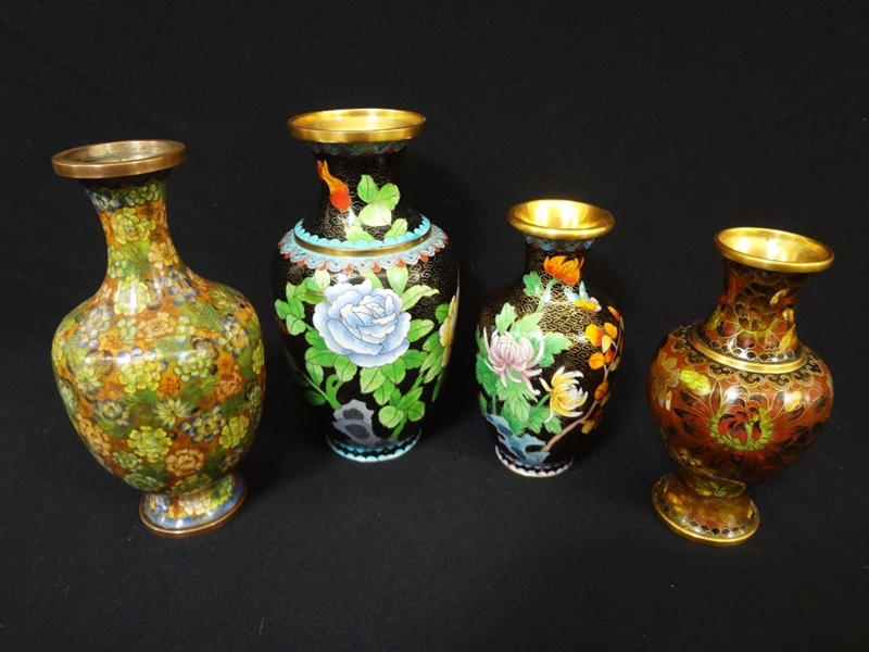 (4) Cloisonne Vases All Floral Decoration