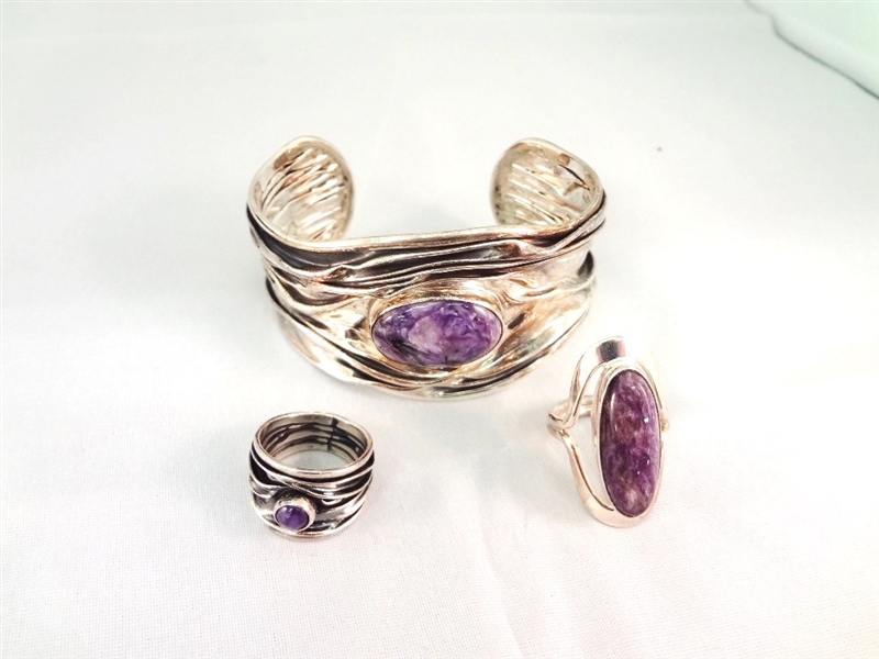 Dominique Dinouart Mexican Sterling Silver Amethyst Cuff Bracelet and Rings Set