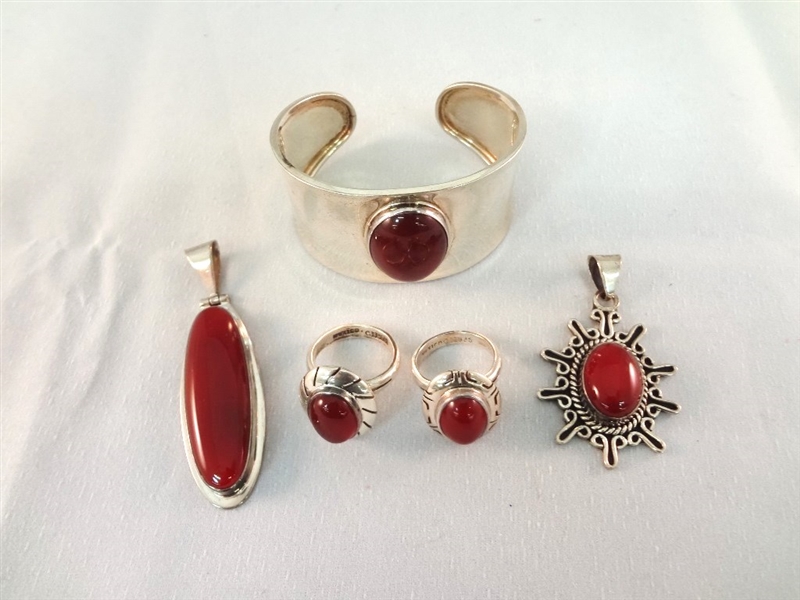 CII Mexican Sterling Silver Group with Red Carnelian Cabochons 