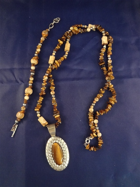 Carolyn Pollack Sterling Silver Brown Tiger Eye Necklace and Pendant, Bracelet Set