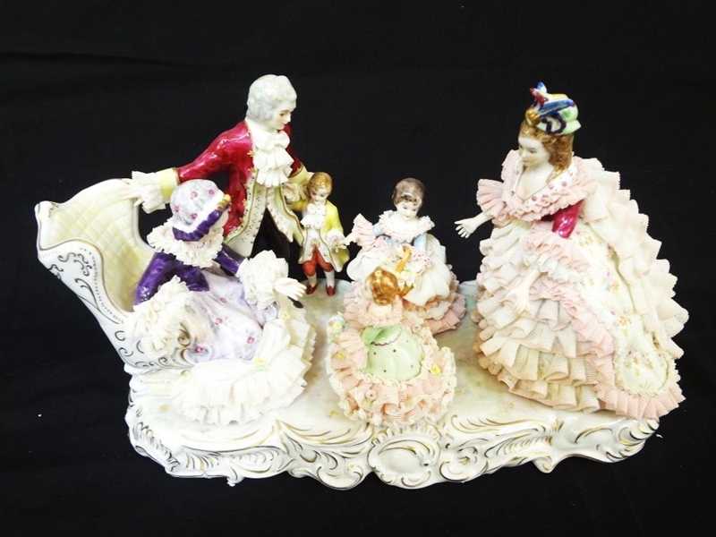 MZ Irish Dresden Figural Group: Grandmothers Birthday Lace