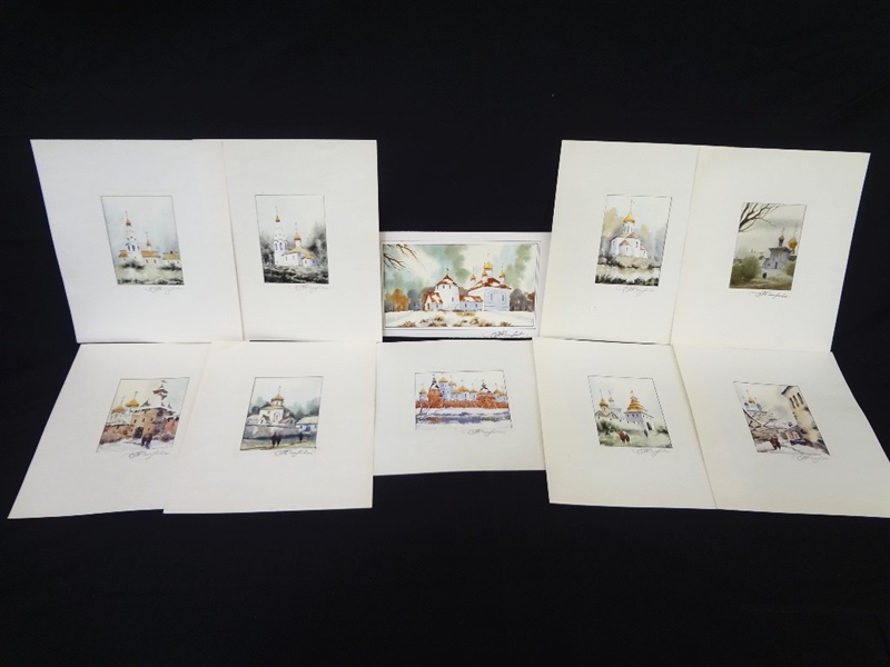 (10) Miniature Original Watercolor Paintings Orthodox Churches Signed