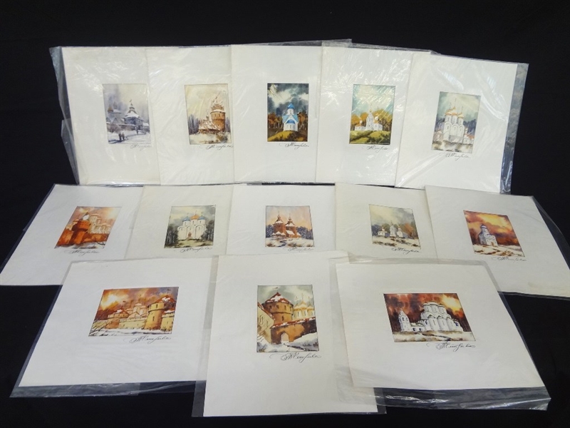 (13) Miniature Original Watercolor Paintings Orthodox Churches Signed