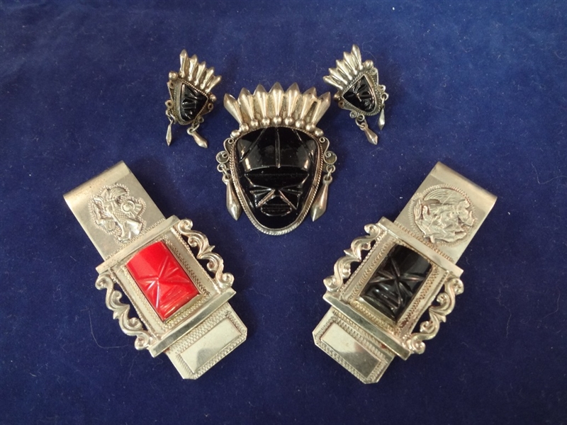 (3) Pieces Taxco Mexican Sterling Silver Jewelry: Money Clips and Brooch